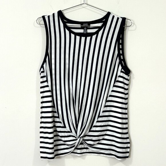 JONES NEW YORK SIGNATURE Navy White Stripe Sleeveless Knit Top Sz M Twist Hem - Picture 1 of 8